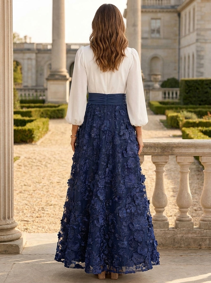 Robe Mère de la Mariée, Ligne A/Princesse, Col en V, Dentelle Fleurie, Manches 3/4, Longueur de la Cheville
