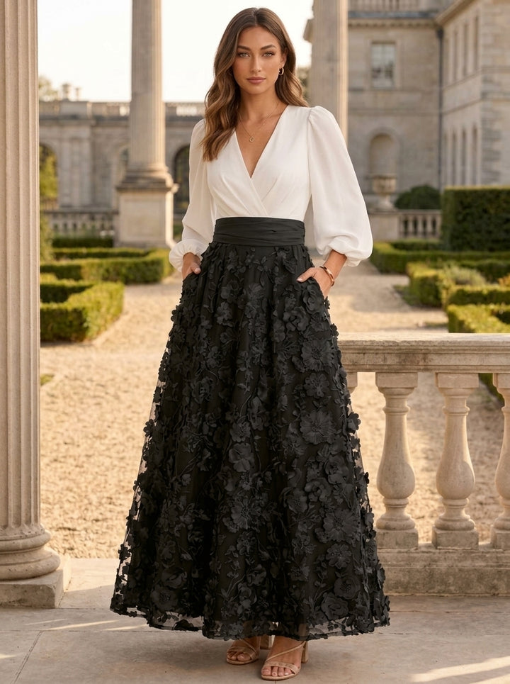Robe Mère de la Mariée, Ligne A/Princesse, Col en V, Dentelle Fleurie, Manches 3/4, Longueur de la Cheville