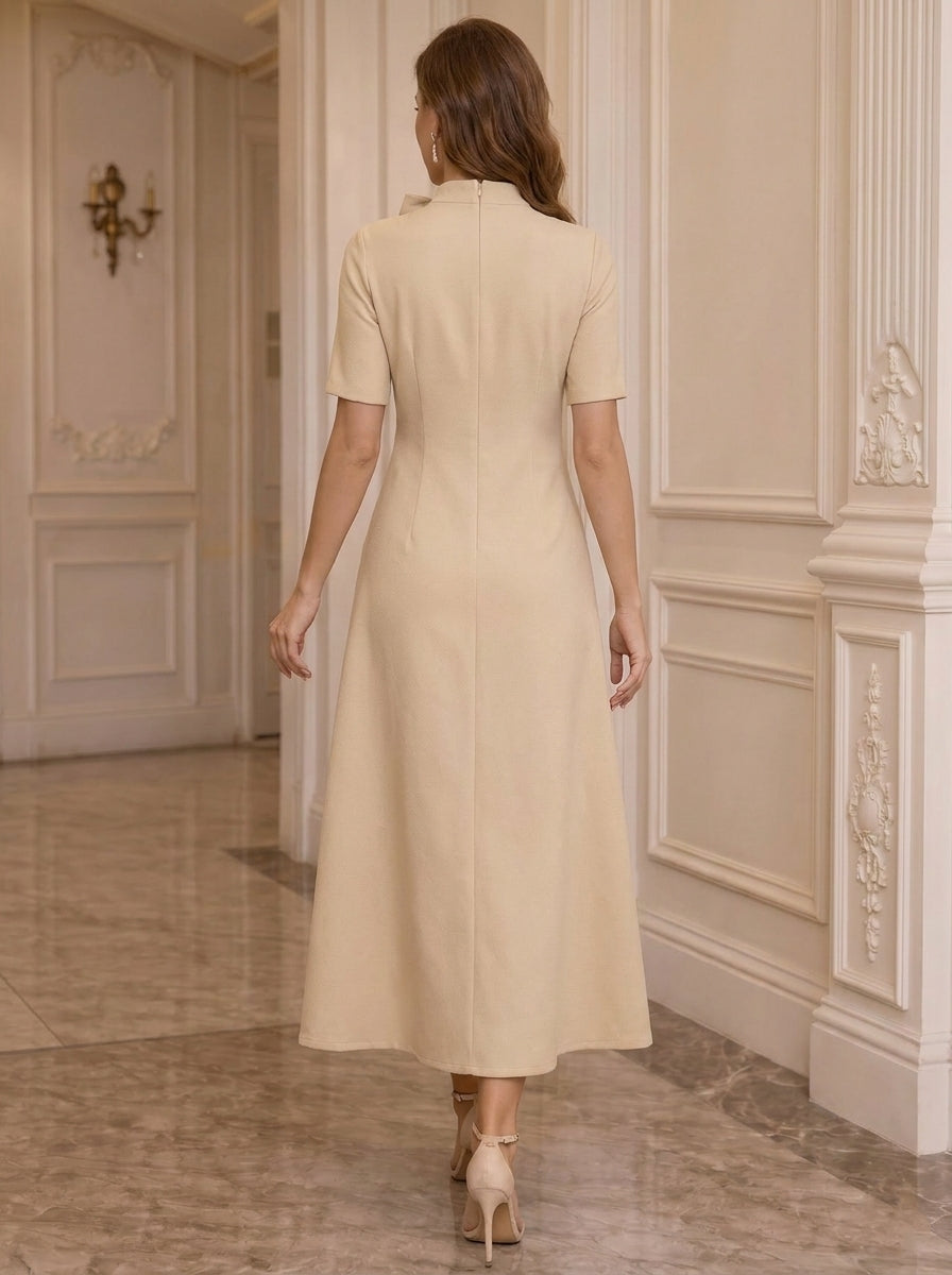 Robe Mère de la Mariée, Ligne A/Princesse, Col Montant, Satin Élastique, avec Fleurs en 3D, Manches Courtes, Longueur du Thé, Noeud Papillon