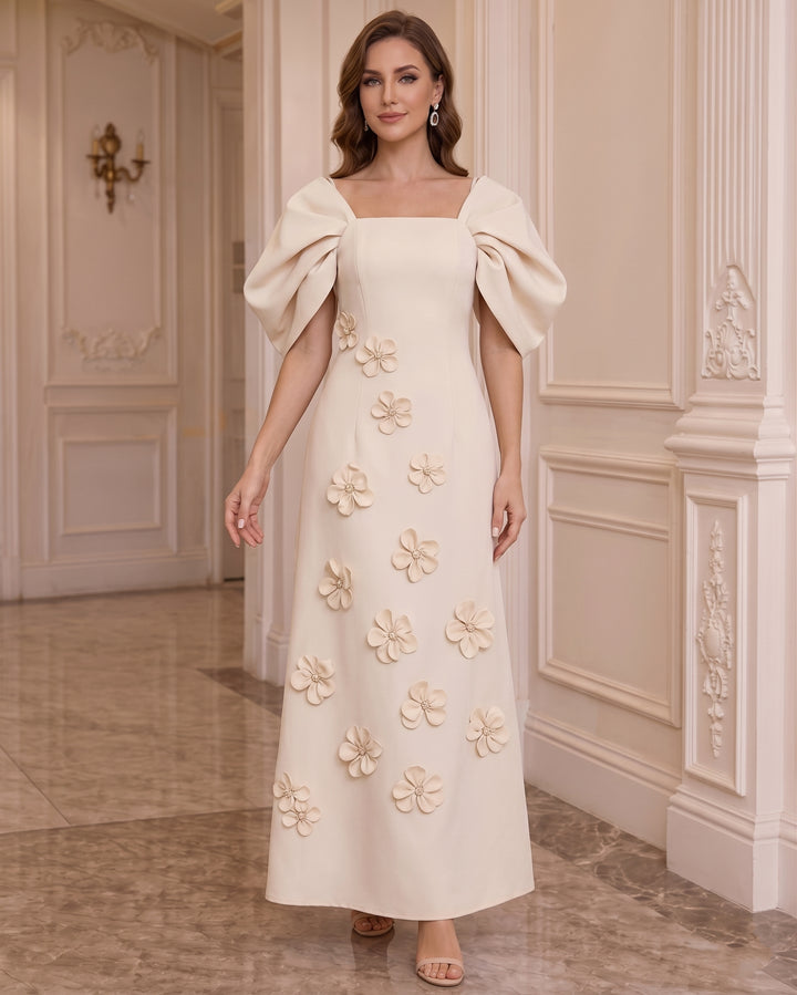 Robe Mère de la Mariée, Ligne A/Princesse, Col Carré, Satin Élastique, avec Fleurs en 3D, Manches Bouffantes, Longueur de la Cheville