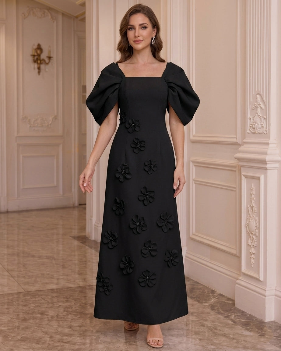 Robe Mère de la Mariée, Ligne A/Princesse, Col Carré, Satin Élastique, avec Fleurs en 3D, Manches Bouffantes, Longueur de la Cheville