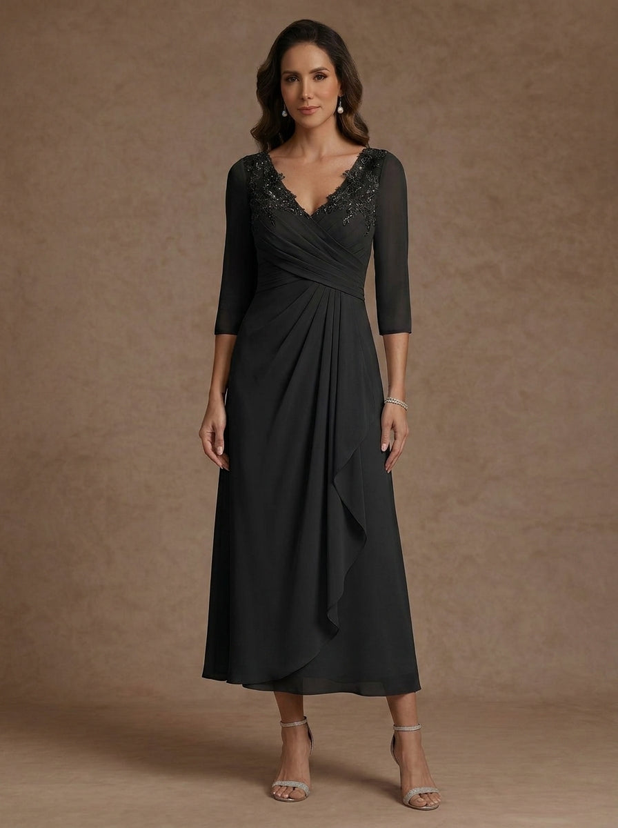 Robe mère de la mariée, Ligne A/Princesse, Col en V, Mousseline, Manches 3/4, Dentelle, Longueur du Thé, avec Plis