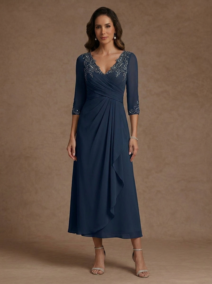Robe mère de la mariée, Ligne A/Princesse, Col en V, Mousseline, Manches 3/4, Dentelle, Longueur du Thé, avec Plis