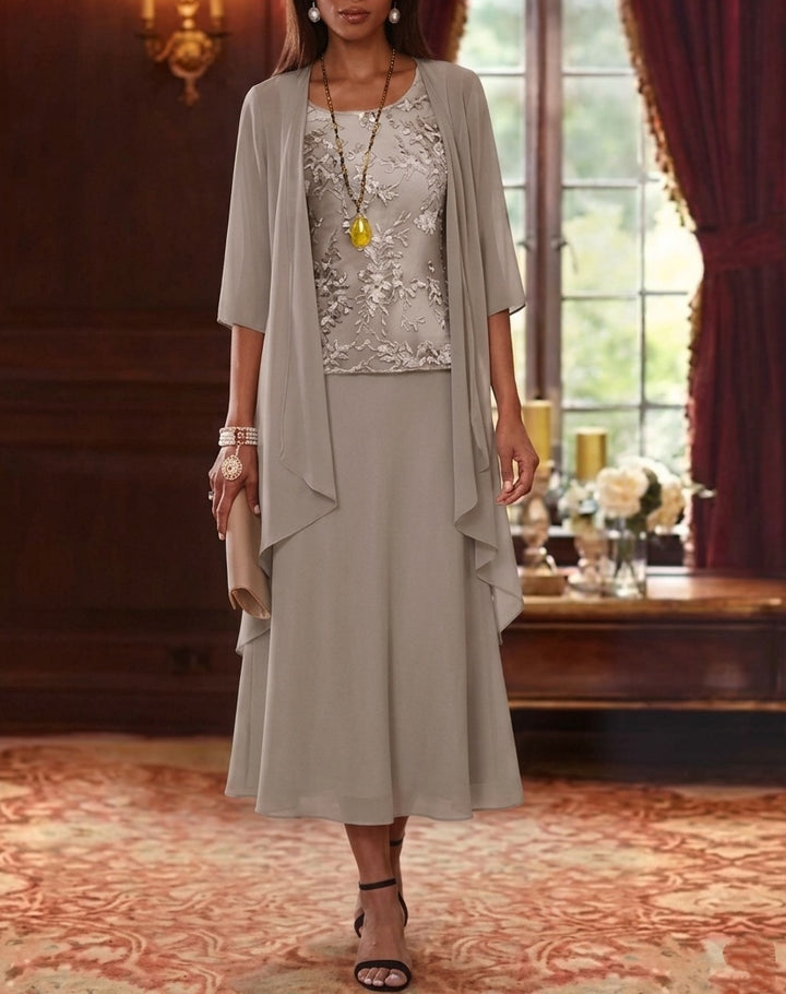 Ensemble de 2 Morceaux, Robe Mère de la Mariée, Ligne A/Princesse, Col Rond, Mousseline, avec Veste, Manches 3/4, Longueur du Thé, Dentelle