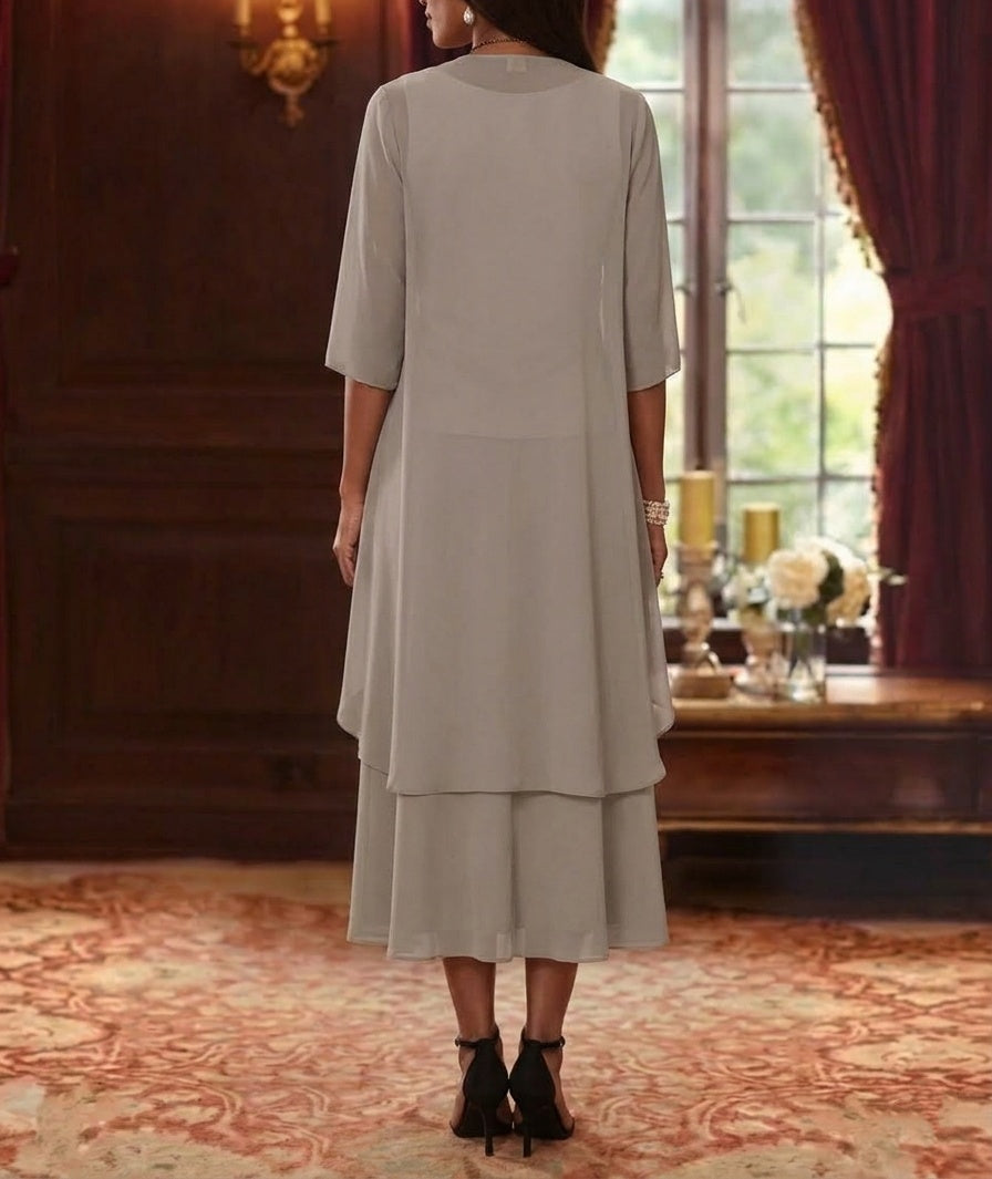 Ensemble de 2 Morceaux, Robe Mère de la Mariée, Ligne A/Princesse, Col Rond, Mousseline, avec Veste, Manches 3/4, Longueur du Thé, Dentelle