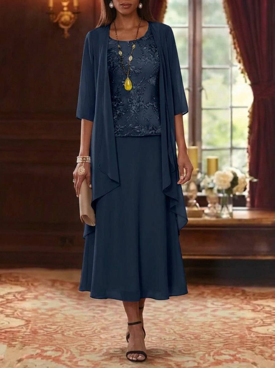 Ensemble de 2 Morceaux, Robe Mère de la Mariée, Ligne A/Princesse, Col Rond, Mousseline, avec Veste, Manches 3/4, Longueur du Thé, Dentelle