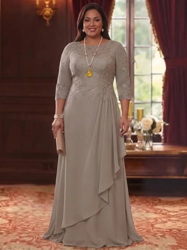 Robe Mère de la Mariée en Mousseline et Dentelle, Grande Taille, Ligne A/Princesse, Col Rond, Manches 3/4, Longueur au Sol, Plissér