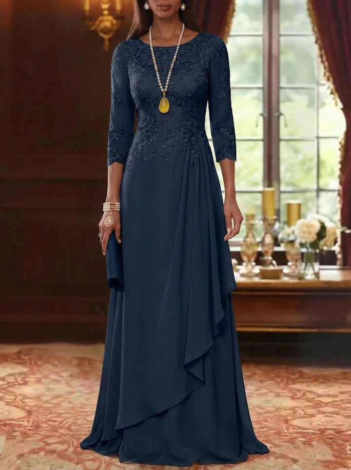 Robe mère de la mariée, Ligne A/Princesse, Col Rond, Mousseline, Manches 3/4, Dentelle, Longueur du Sol,Avec Plis