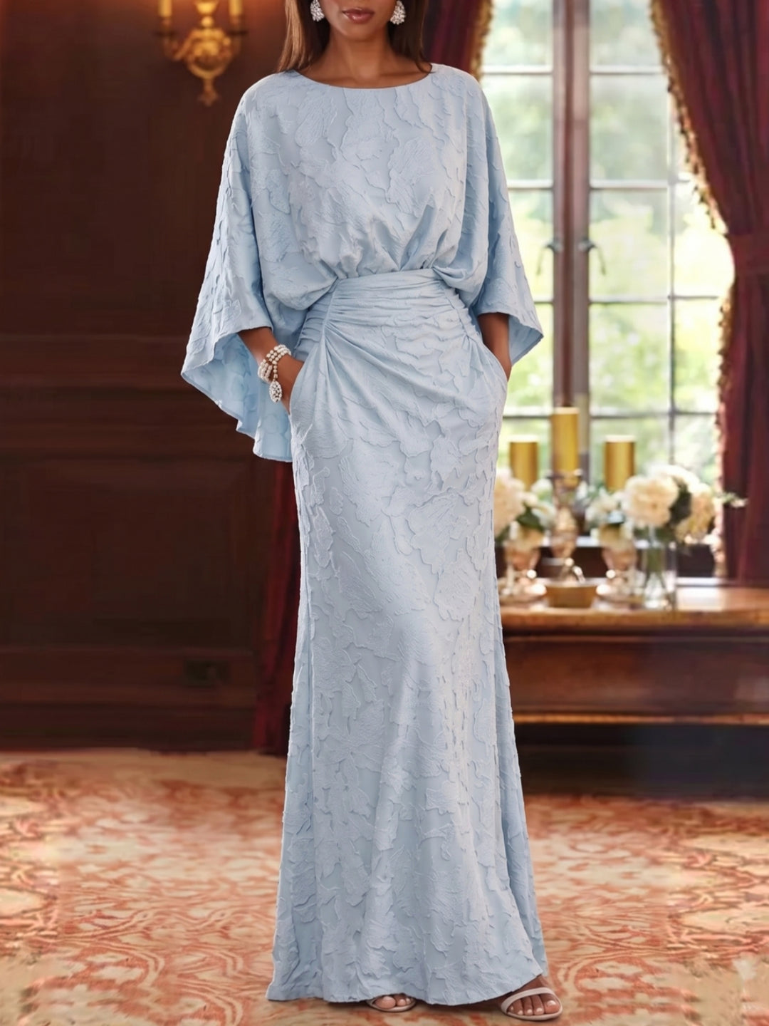 Robe Mère de la Mariée, Forme Fourreau/Colonne, Col Rond, Mousseline Florale, Manches 3/4, Longueur au Sol, Froncé