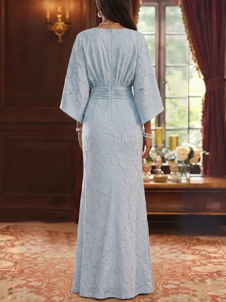 Robe Mère de la Mariée, Forme Fourreau/Colonne, Col Rond, Mousseline Florale, Manches 3/4, Longueur au Sol, Froncé