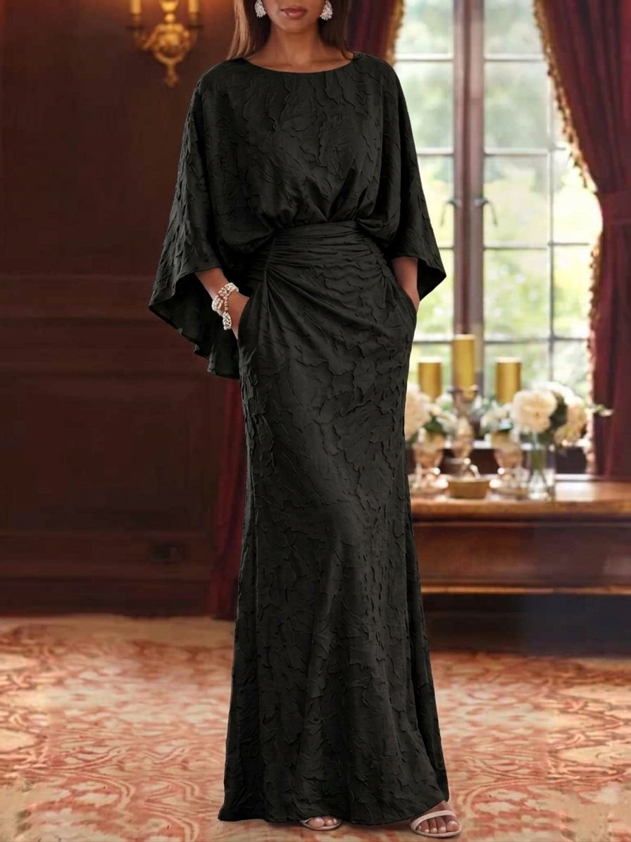 Robe Mère de la Mariée, Forme Fourreau/Colonne, Col Rond, Mousseline Florale, Manches 3/4, Longueur au Sol, Froncé