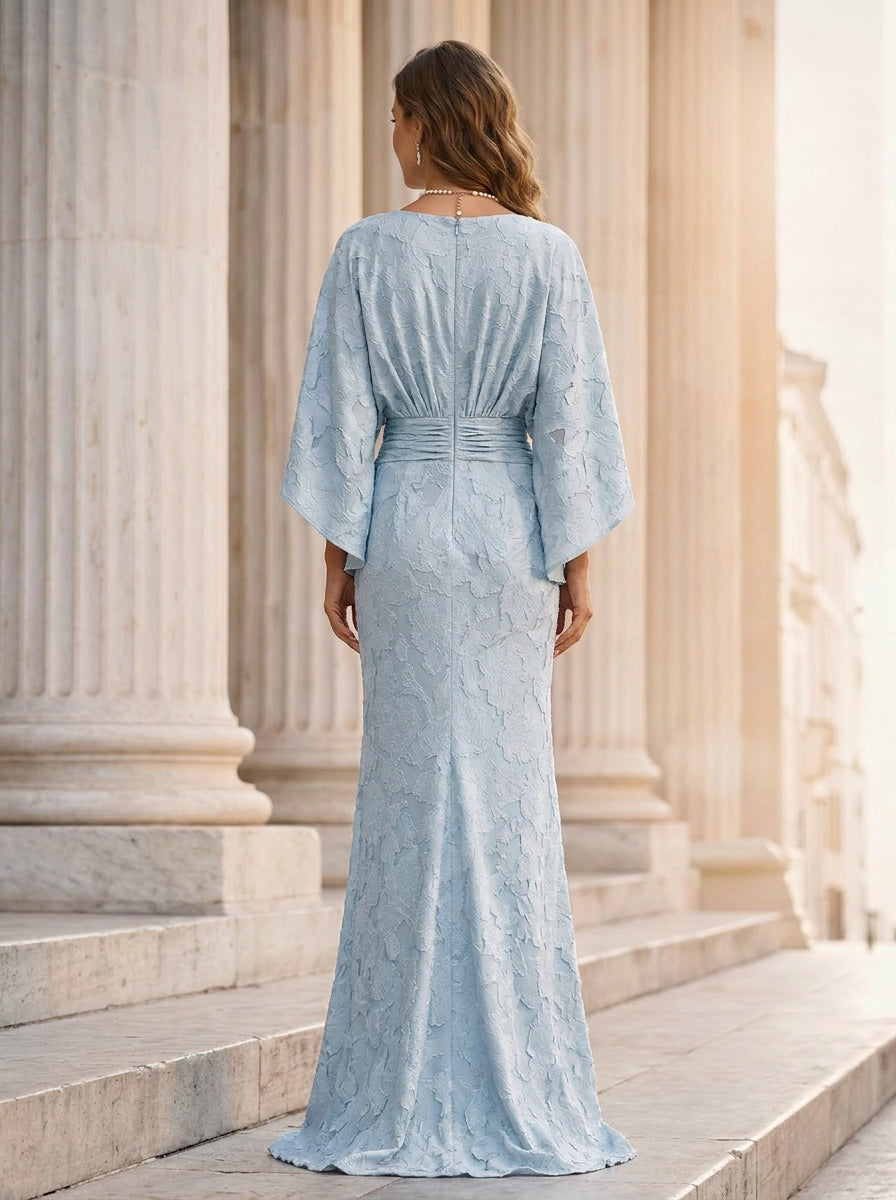 Robe Mère de la Mariée, Forme Fourreau/Colonne, Col Rond, Mousseline Florale, Manches 3/4, Longueur au Sol, Froncé