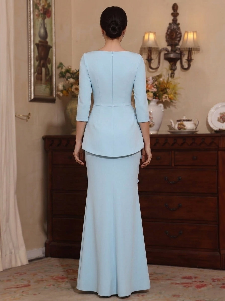 Robe Mère de la Mariée, Forme Trompette/Sirène, Col Bateau, Satin Élastique, Fleurs 3D, Manches 3/4, Longueur au Sol