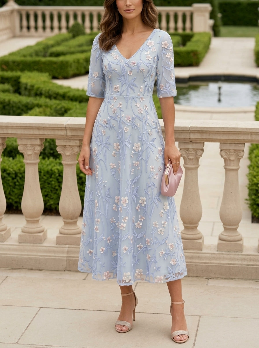 Robe Mère de la Mariée, Forme A/Princesse, Col V, Broderie Florale, Demi-Manches, Longueur du Thé