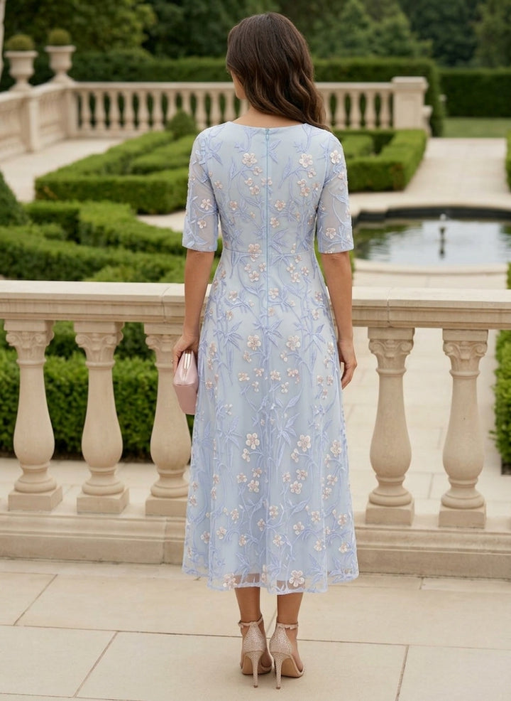 Robe Mère de la Mariée, Forme A/Princesse, Col V, Broderie Florale, Demi-Manches, Longueur du Thé