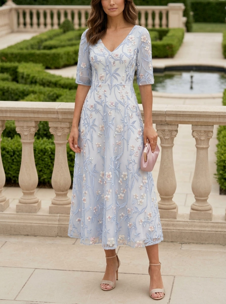 Robe Mère de la Mariée, Forme A/Princesse, Col V, Broderie Florale, Demi-Manches, Longueur du Thé