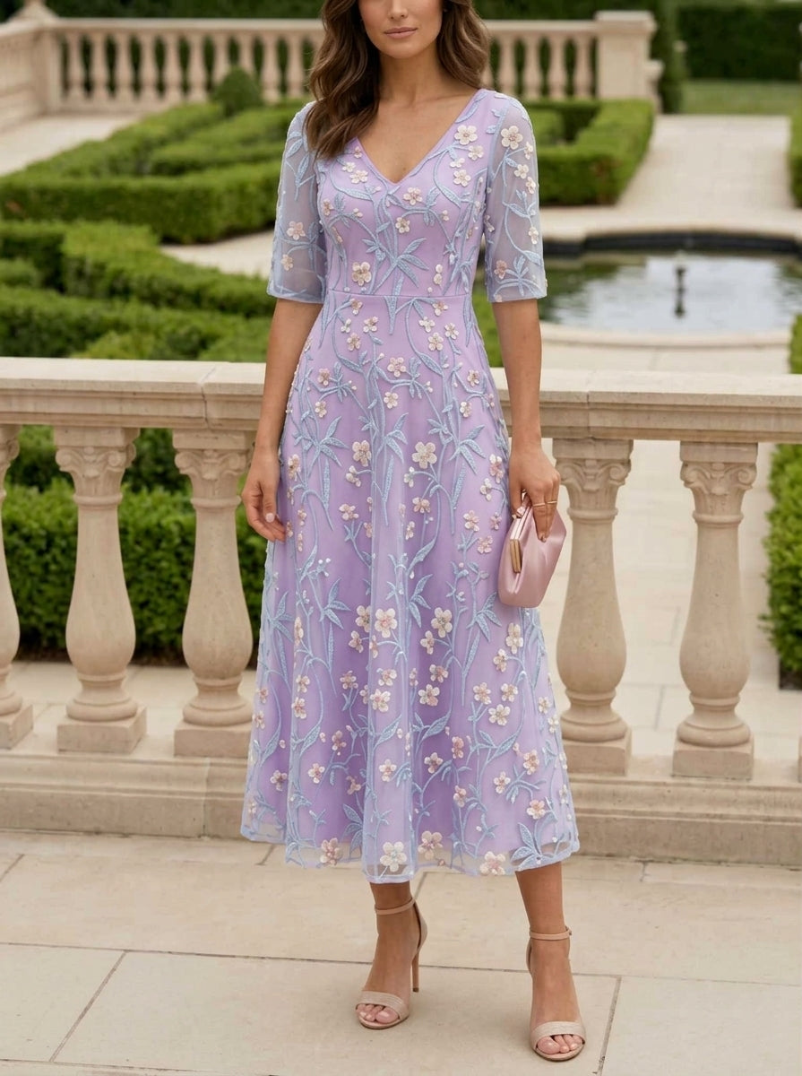 Robe Mère de la Mariée, Forme A/Princesse, Col V, Broderie Florale, Demi-Manches, Longueur du Thé