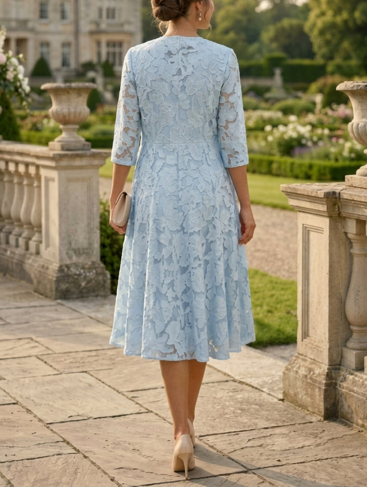 Robe Mère de la Mariée forme A/Princesse, col rond, mousseline à motif floral, avec veste, Longueur du Thé, manches 3/4, volants