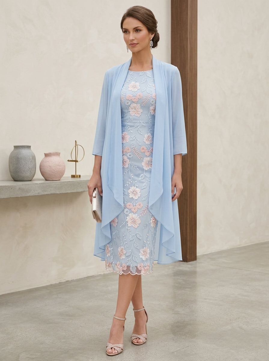 Robe Mère de la Mariée forme Fourreau/Colonne, col rond, broderie florale en mousseline, avec veste, manches 3/4, Longueur du Thé