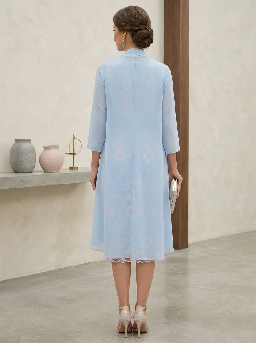 Robe Mère de la Mariée forme Fourreau/Colonne, col rond, broderie florale en mousseline, avec veste, manches 3/4, Longueur du Thé