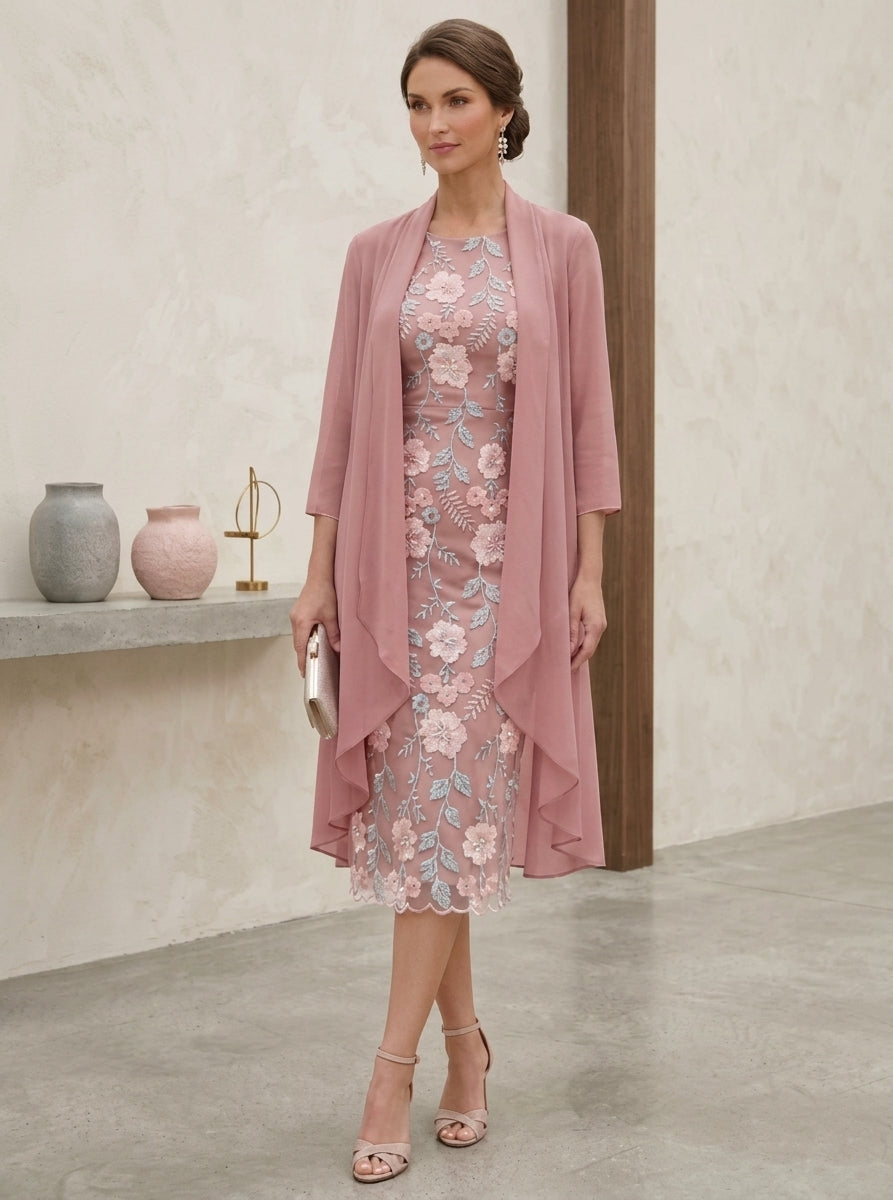Robe Mère de la Mariée forme Fourreau/Colonne, col rond, broderie florale en mousseline, avec veste, manches 3/4, Longueur du Thé