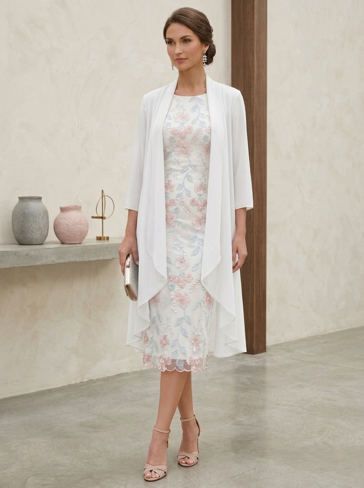Robe Mère de la Mariée forme Fourreau/Colonne, col rond, broderie florale en mousseline, avec veste, manches 3/4, Longueur du Thé