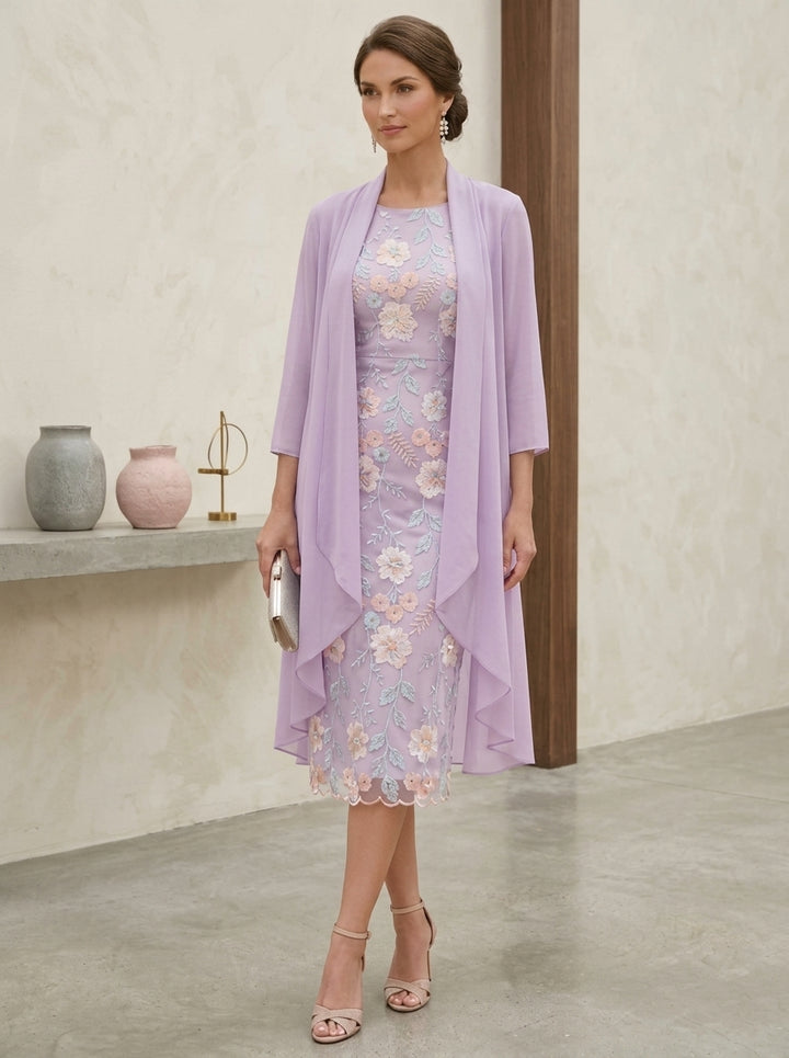 Robe Mère de la Mariée forme Fourreau/Colonne, col rond, broderie florale en mousseline, avec veste, manches 3/4, Longueur du Thé