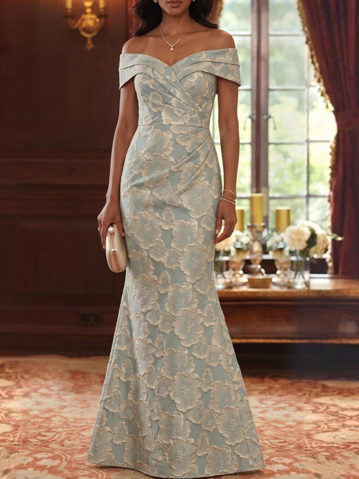 Robe Mère De La Mariée Forme Trompette/Sirène, Hors de l'épaule, Jacquard Floral, Sans Manches, Longueur Au Sol, Froncé
