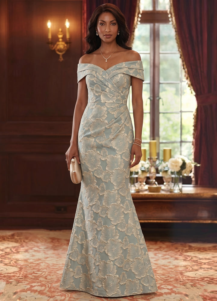 Robe Mère De La Mariée Forme Trompette/Sirène, Hors de l'épaule, Jacquard Floral, Sans Manches, Longueur Au Sol, Froncé