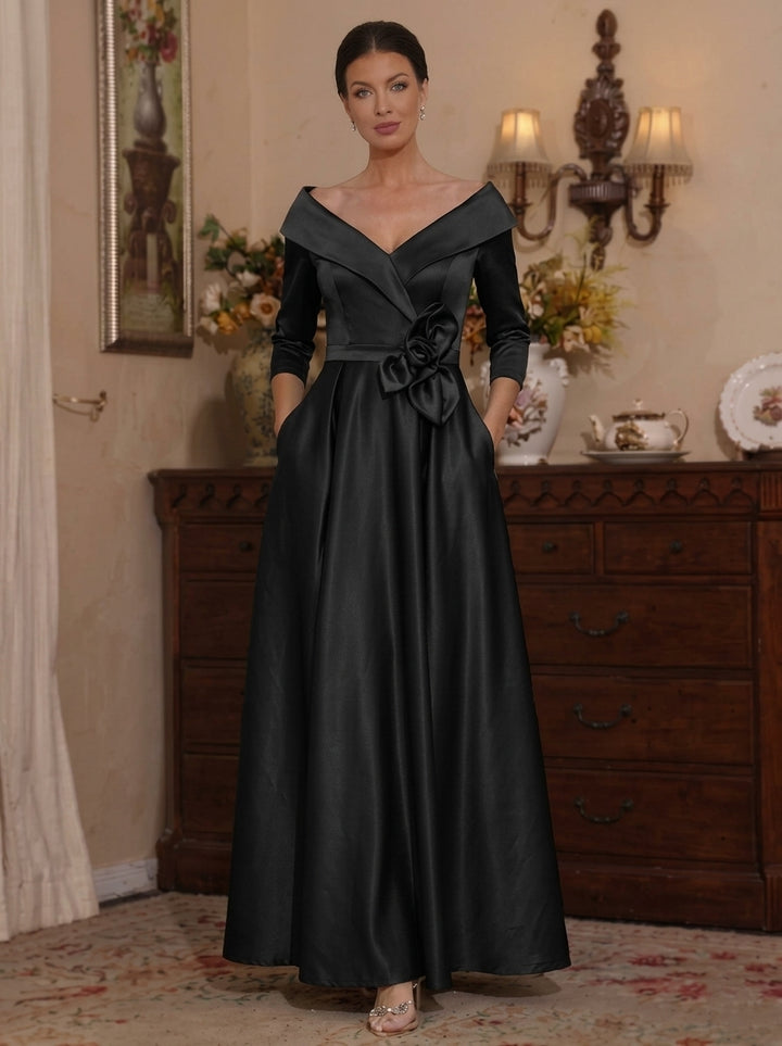 Robe Mère De La Mariée Forme A/Princesse, Hors de l'épaule, Satin, Manches 3/4, Longueur Cheville, Fleur 3D