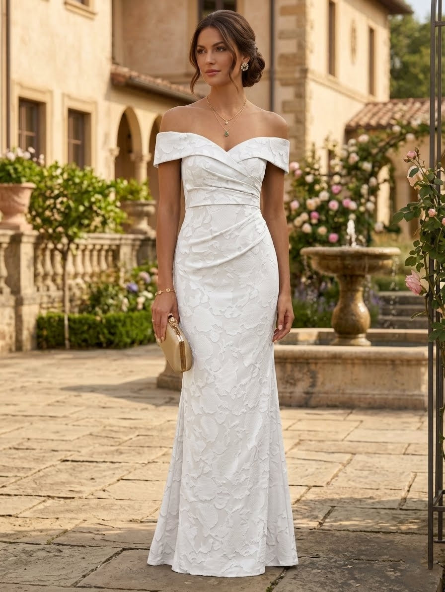 Robe Mère De La Mariée Forme Trompette/Sirène, Hors de l'Épaule, Mousseline Florale, Sans Manches, Longueur Au Sol