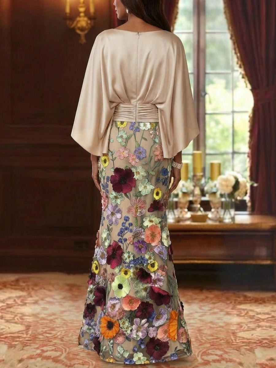Robe Mère De La Mariée Forme Trompette/Sirène, Satin De Soie Floral, Longueur Au Sol, Manches 3/4, Froncé