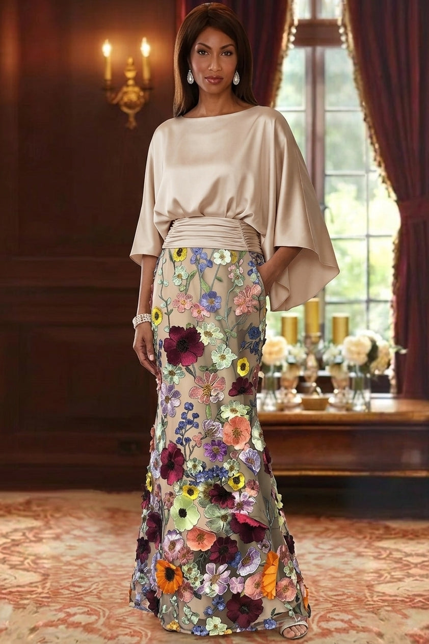 Robe Mère De La Mariée Forme Trompette/Sirène, Satin De Soie Floral, Longueur Au Sol, Manches 3/4, Froncé