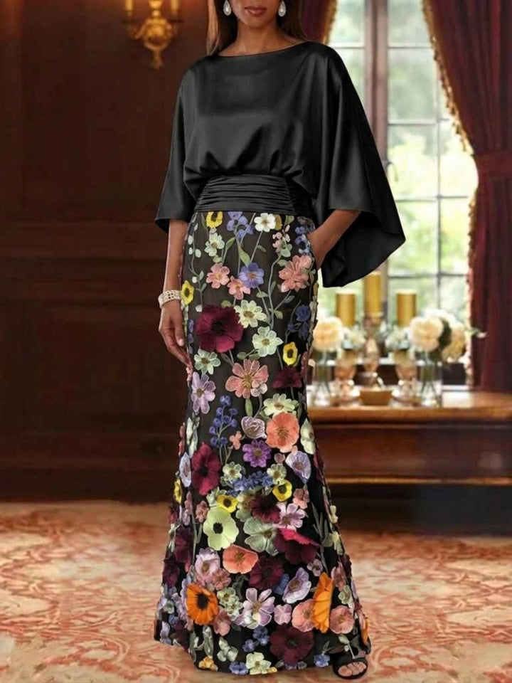 Robe Mère De La Mariée Forme Trompette/Sirène, Satin De Soie Floral, Longueur Au Sol, Manches 3/4, Froncé