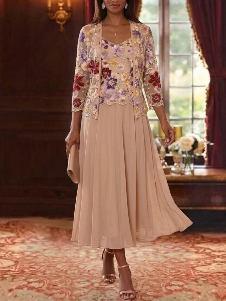 2 Pièces Robe Mère De La Mariée Forme A/Princesse, Col V, Mousseline Florale Avec Veste, Manches 3/4, Longueur Du Thé