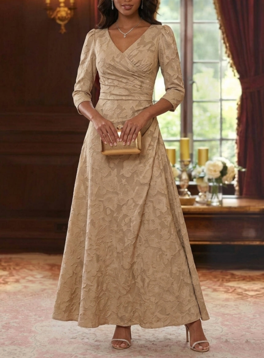 Robe Mère De La Mariée Forme A/Princesse, Col V, Mousseline Florale, Longueur Cheville, Manches 3/4, Froncé