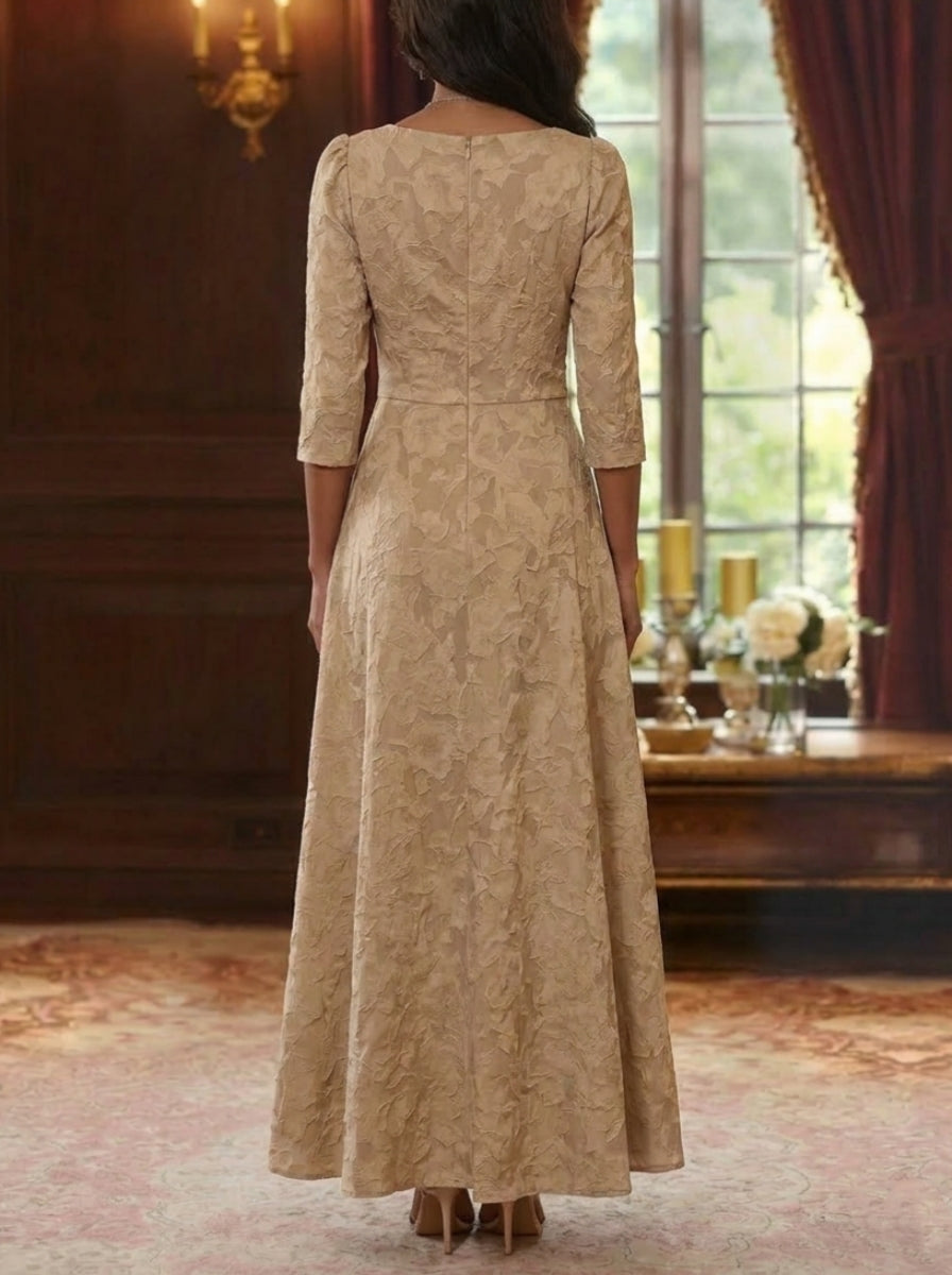 Robe Mère De La Mariée Forme A/Princesse, Col V, Mousseline Florale, Longueur Cheville, Manches 3/4, Froncé