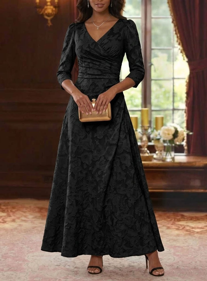 Robe Mère De La Mariée Forme A/Princesse, Col V, Mousseline Florale, Longueur Cheville, Manches 3/4, Froncé