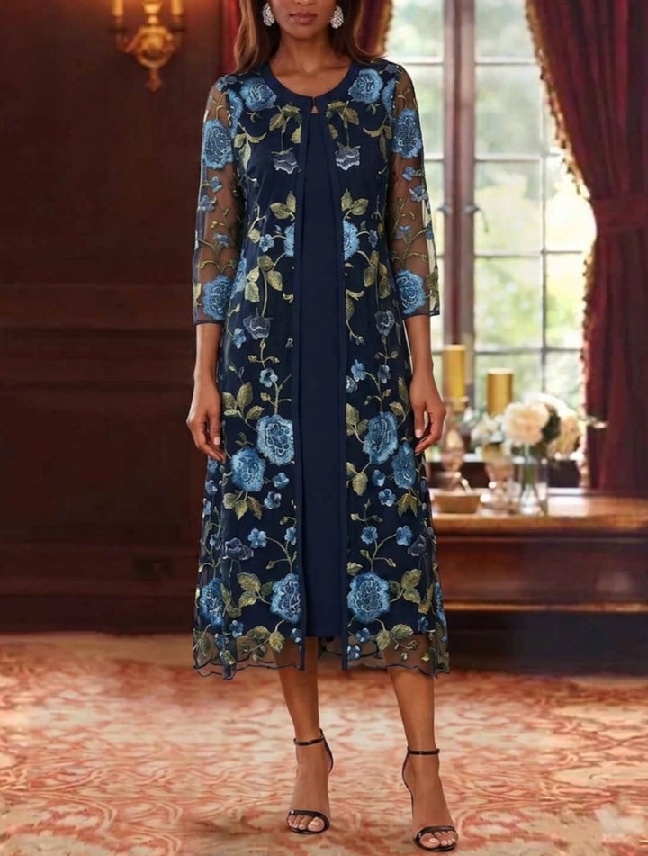 Robe Mère de la Mariée, 2 Pièces, Ligne A/Princesse, Col en V, Dentelle Florale, 3/4 Manches, Longueur du Thé
