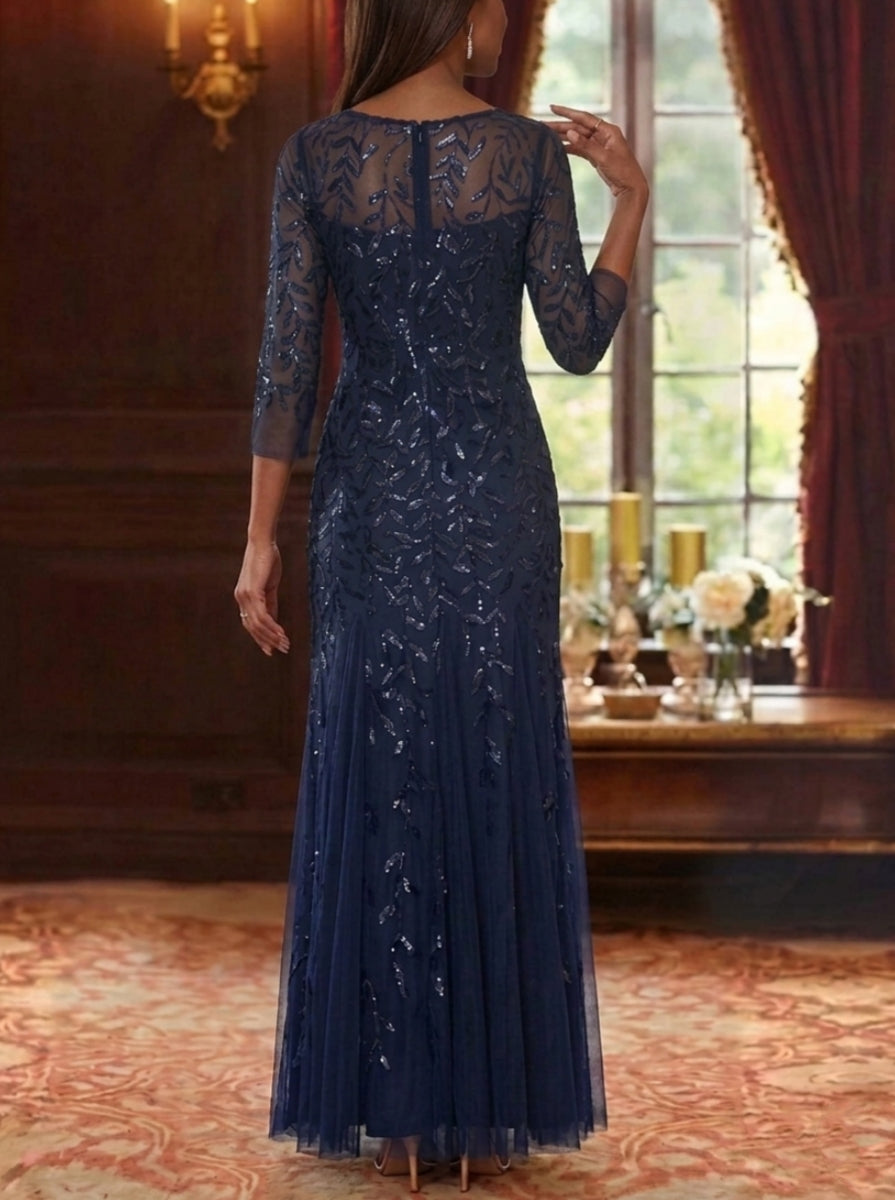 Robe Mère de la Mariée, Ligne A/Princesse, Col Rond, Dentelle à Paillettes, 3/4 Manches, Longueur au Sol