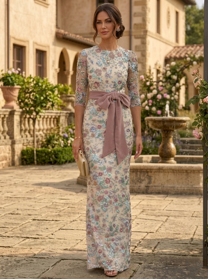 Robe Mère de la Mariée, Gaine/Colonne, Col Rond, Dentelle à Paillettes, 3/4 Manches, Longueur au Sol