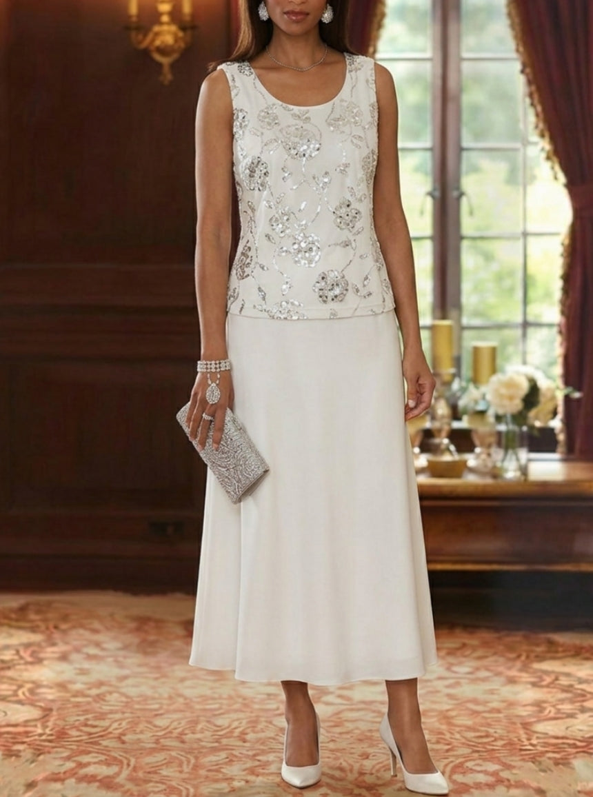 Robe Mère de la Mariée, Ligne A/Princesse, Col Rond, Mousseline, 3/4 Manches, Longueur du Thé