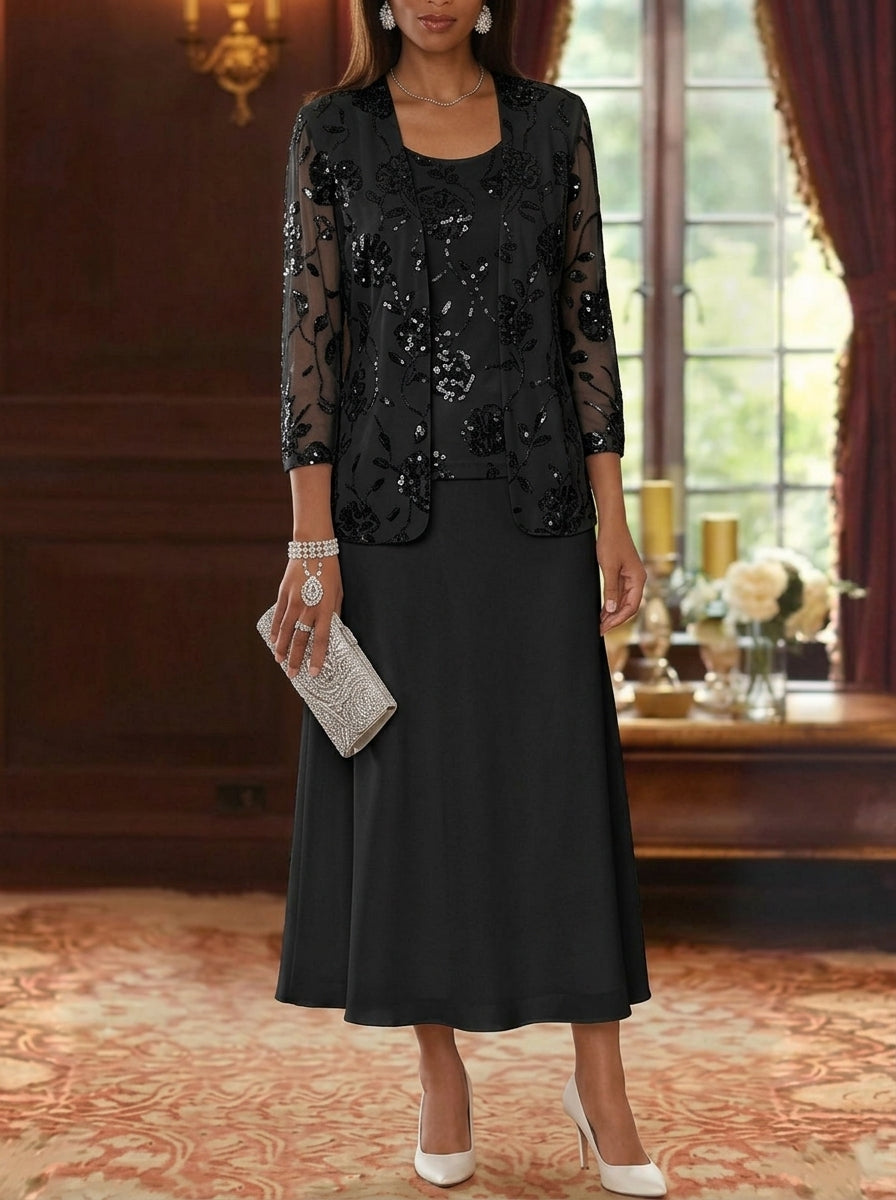 Robe Mère de la Mariée, Ligne A/Princesse, Col Rond, Mousseline, 3/4 Manches, Longueur du Thé