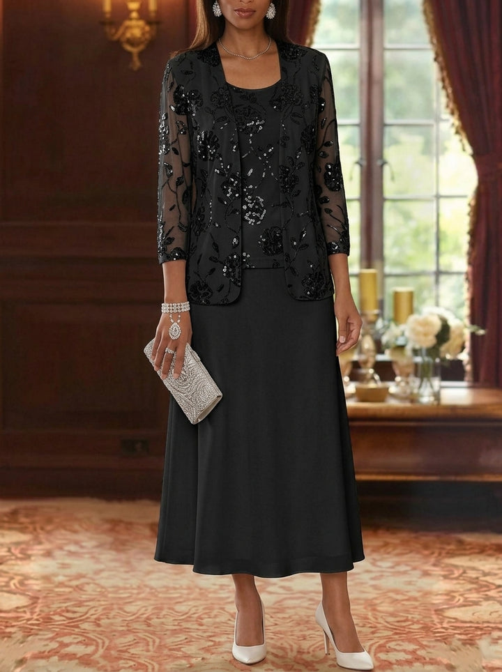 Robe Mère de la Mariée, Ligne A/Princesse, Col Rond, Mousseline, 3/4 Manches, Longueur du Thé