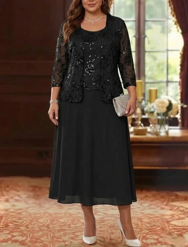 Robe Mère de la Mariée Florale en Mousseline, Grande Taille, Ligne A/Princesse, Col Rond, Manches 3/4, Longueur Midi, à Paillettes
