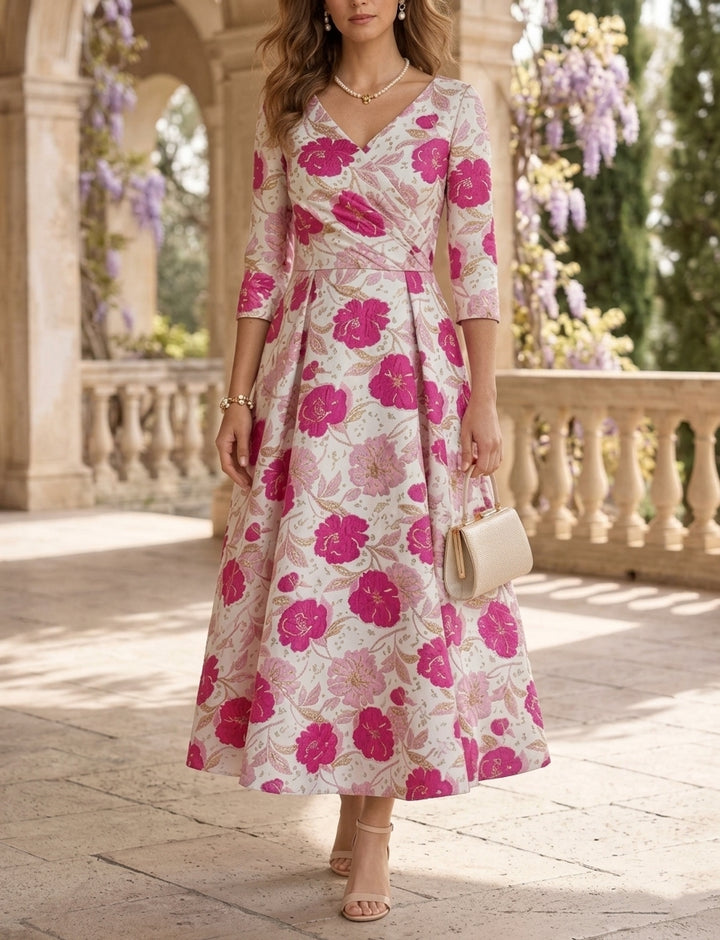 Robe Mère de la Mariée, Ligne A/Princesse, Col en V, Jacquard, 3/4 Manches , Longueur du Thé