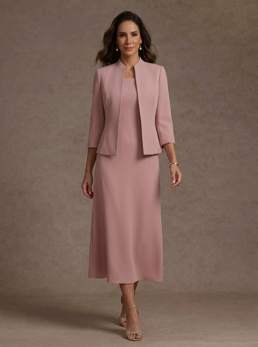 Robe Mère de la Mariée, 2 Pièces, Gaine/Colonne, Col Carré, Satin Élastique, Manches 3/4, Longueur du Thé