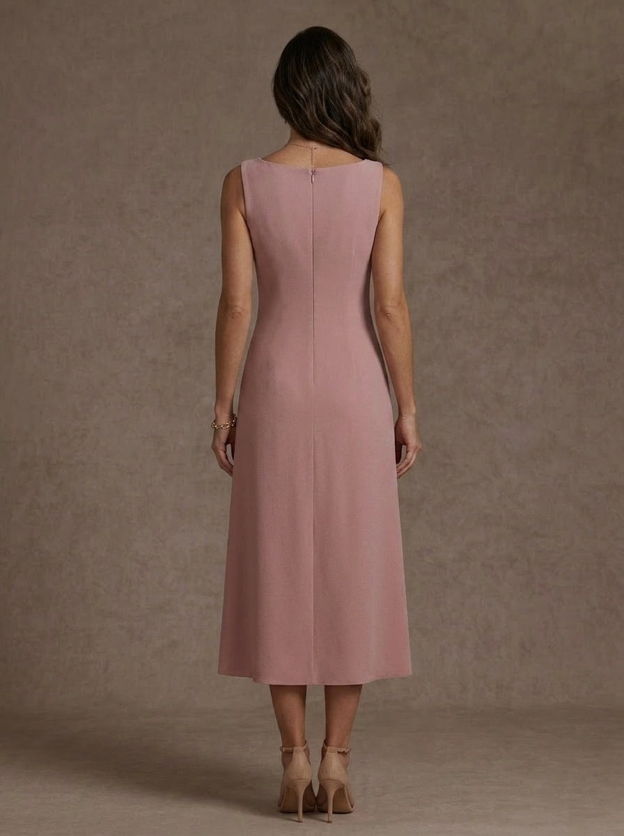 Robe Mère de la Mariée, 2 Pièces, Gaine/Colonne, Col Carré, Satin Élastique, Manches 3/4, Longueur du Thé