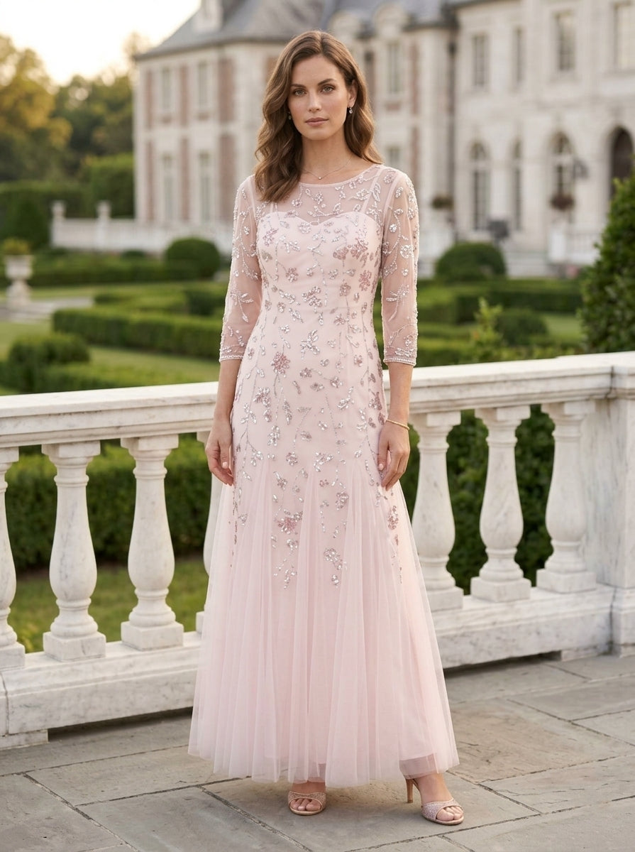 Robe Mère de la Mariée, Ligne A/Princesse, Col Rond, 3/4 Manches , Longueur de la Cheville