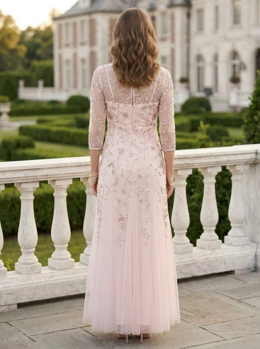 Robe Mère de la Mariée, Ligne A/Princesse, Col Rond, 3/4 Manches , Longueur de la Cheville